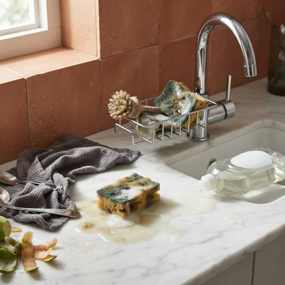 A cluttered kitchen sink area with a damp sponge and leaking dish soap on a white marble countertop.